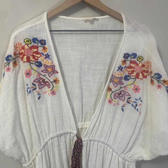 ODDY White Embroidered Floral Tassel Tie Kimono Duster Boho Short Sleeve OS - Picture 2 of 13